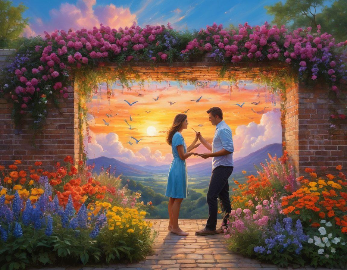 A warm, inviting scene depicting two people painting a large, colorful mural on a brick wall, surrounded by vibrant flowers and twinkling fairy lights. The sky is filled with soft pastel clouds, while birds could be seen flying joyfully around them. The overall atmosphere should embody love, creativity, and collaboration, symbolizing the power of passion in relationships. impressionistic style. vibrant colors.