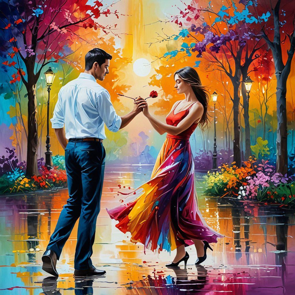 A romantic scene depicting a couple painting together on a vibrant canvas, surrounded by colorful splashes of paint embodying emotions of intimacy and fondness. Soft, warm lighting enhances the atmosphere, while abstract art elements float in the background, symbolizing transformation and connection. Include elements of nature like flowers and trees to add a sense of serenity. painting. vibrant colors. soft lighting.