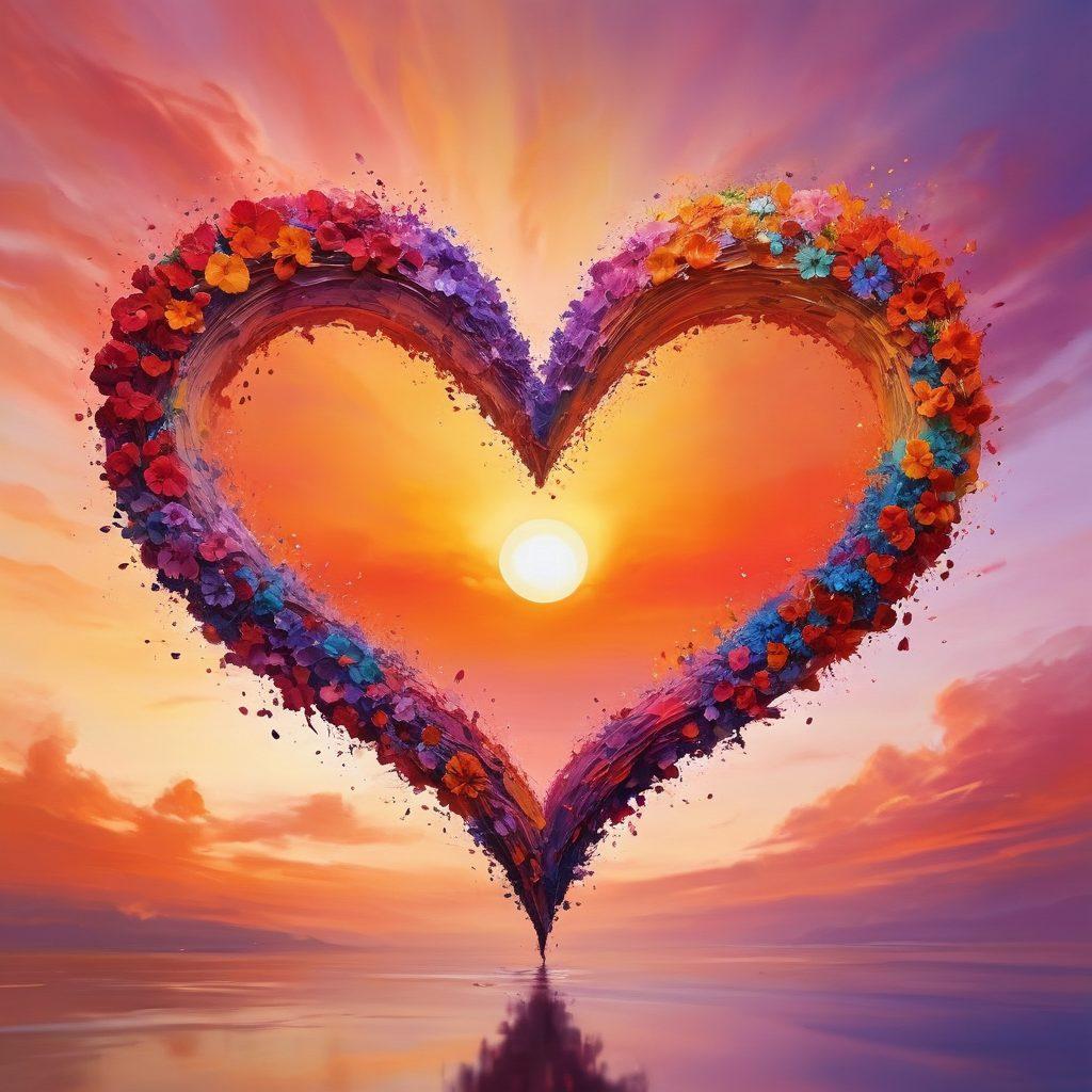 A romantic scene featuring two intertwined hearts made of vibrant splashes of paint, surrounded by colorful flowers and abstract shapes that represent creativity. Soft lighting enhances the mood, and a bright sunset casts warm hues across the background. Include artistic elements like paintbrushes and palettes to symbolize creativity in love. vibrant colors. super-realistic.